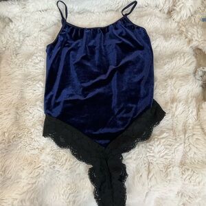 Elegant Blue and Black Velvet Lace Bodysuit Vintage Victorias Secret Small